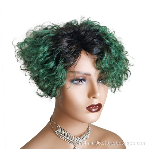 Best price and Hot sell wholesale machine made 6" ombre green/black brown/black remy human  brazilian virgin hair wig